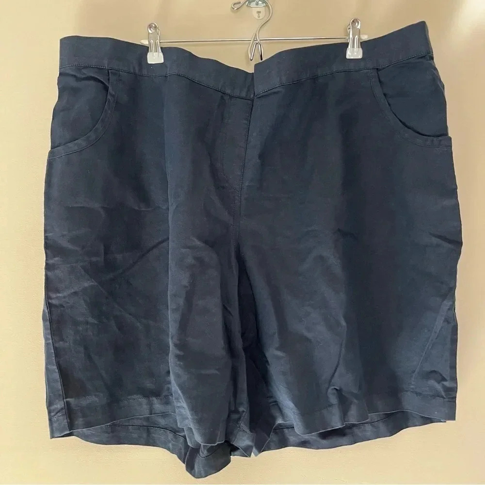 LAND’S END Navy Linen Cotton Blend Comfy Elastic Waist Pockets Shorts